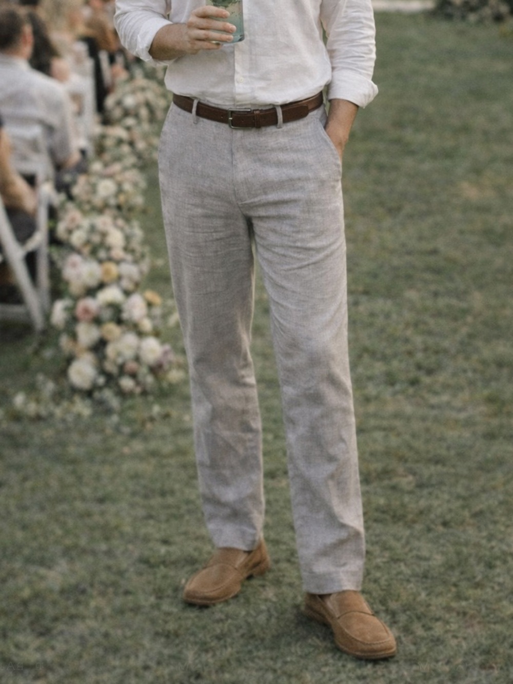 100% Linen Grey Pants Men 32R Preppy Coastal Spring Wedding Minimalist Light